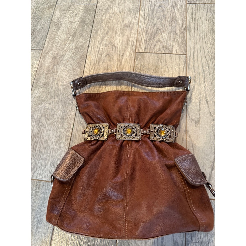 Kathy Van Zeeland Shoulder Bag Hobo Purse Brown Gemstone Western Concho Buckle